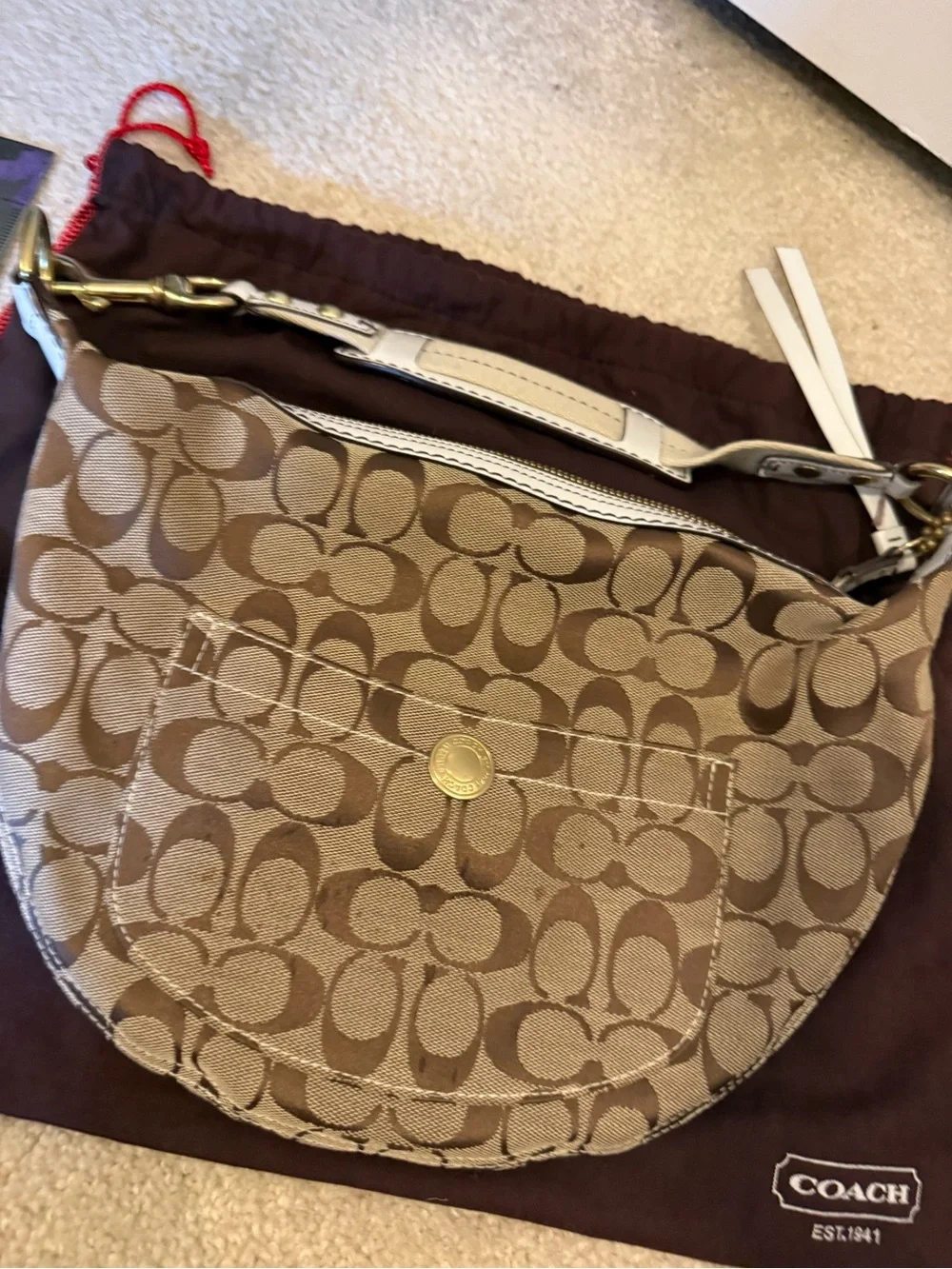 Coach Tan Signature Canvas Hobo with White Trim